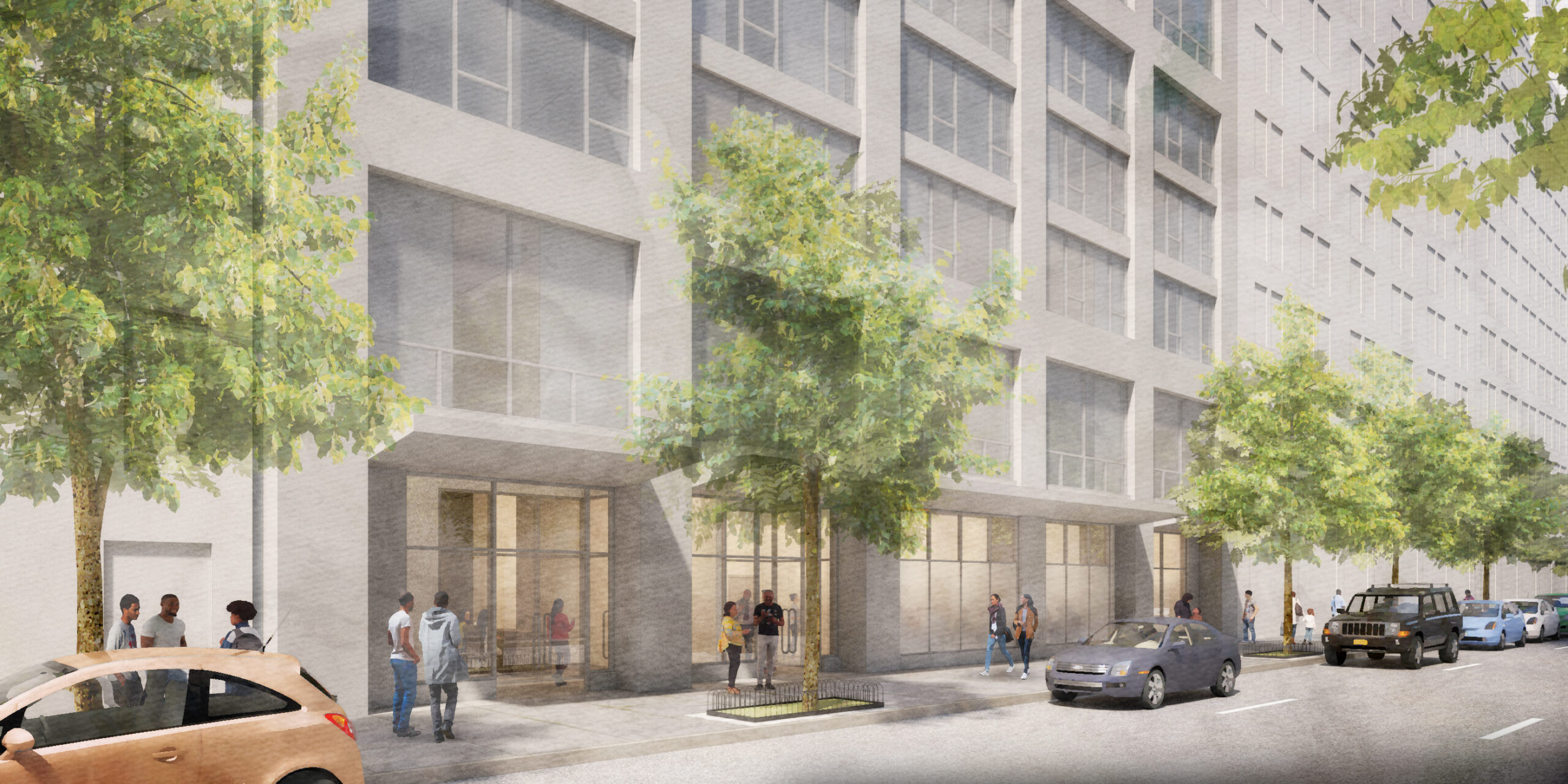 A rendering of the gut renovated, purpose built New Providence Women’s Shelter and Housing. Trees, cars, and people line the street in front of a spacious modern building with large windows.